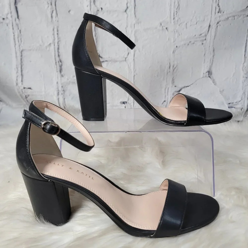KELLY & Katie Hailee Sandal Womens 11 Black Bock Heel Strappy‎ Sleek Minimalist